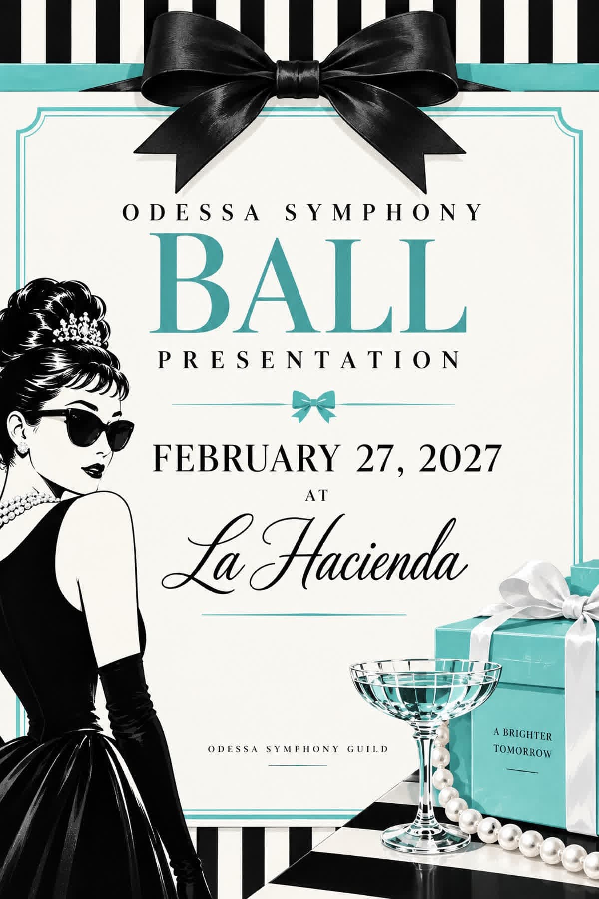 The 2027 Symphony Ball invitation, with a black satin bow, vintage fashion illustration, Tiffany blue gifts, and pearls.